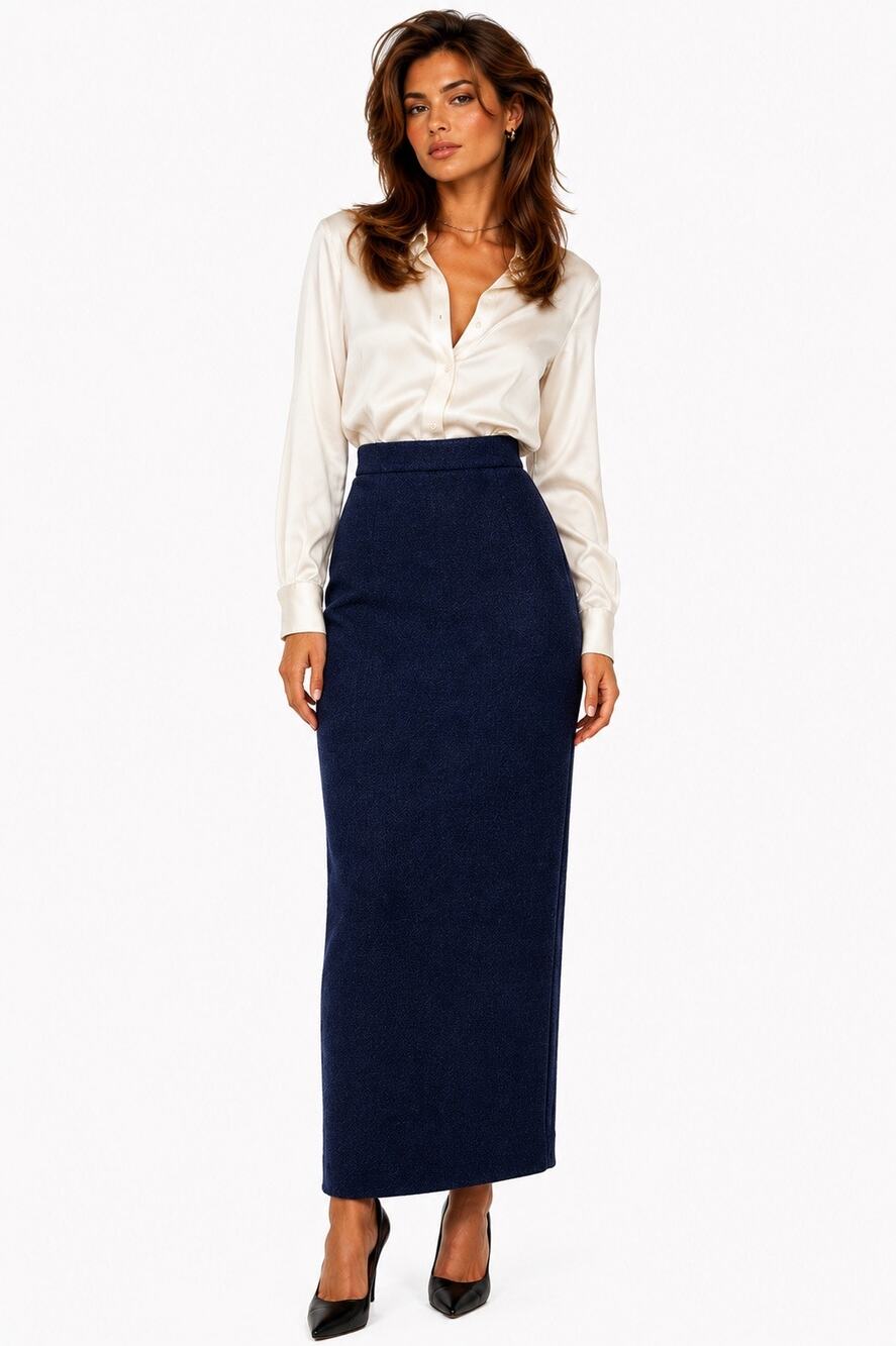 Vintage ‘80s La Ligna Navy Blue Wool Blend Pencil Maxi Skirt